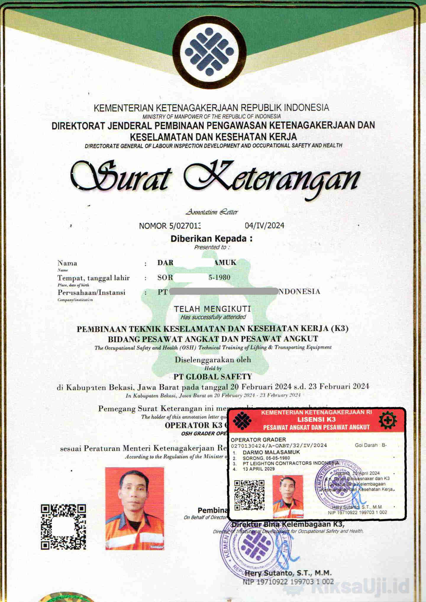 Contoh Sertifikat SIO Pesawat Angkat Angkut - Farm Tractor